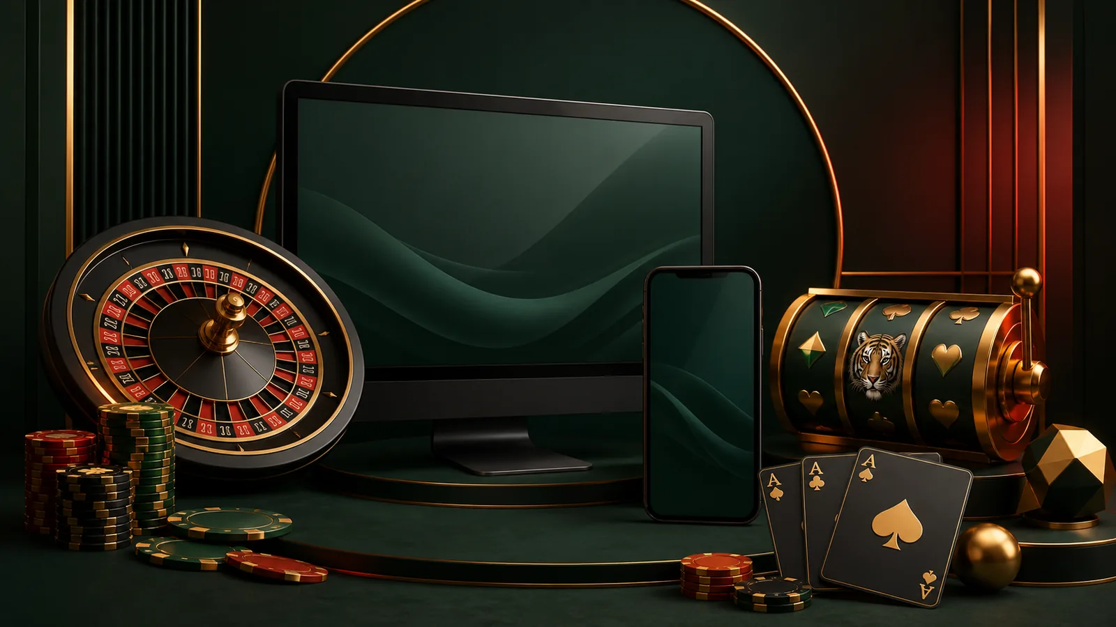 Composição editorial com rolos, roleta, cartas e dispositivos